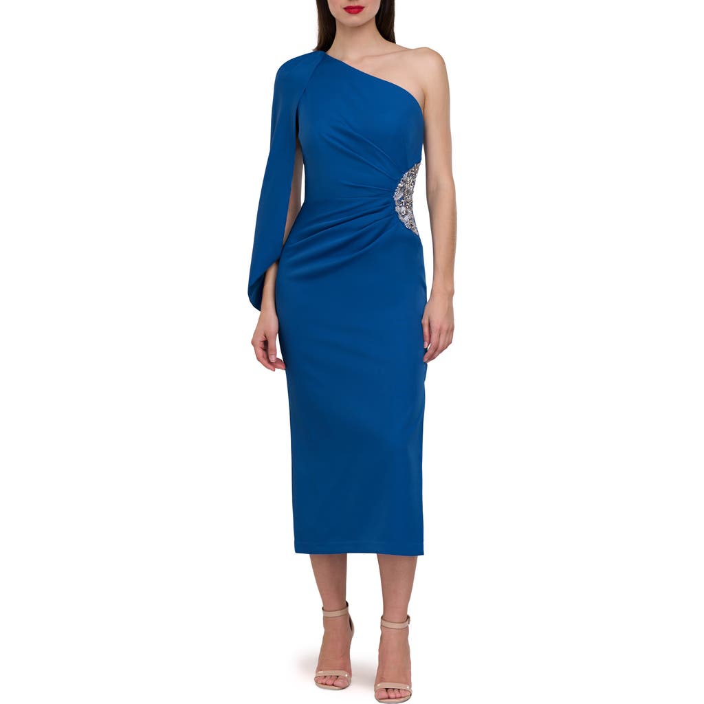 Js Collections Amelie One-shouler Cape Sleeve Cocktail Dress In Blue