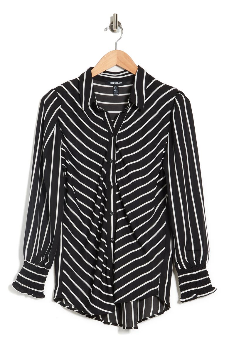 Smocked Cuff Collared Blouse, Alternate, color, BLACK/ MARSHMALLOW STRIPE