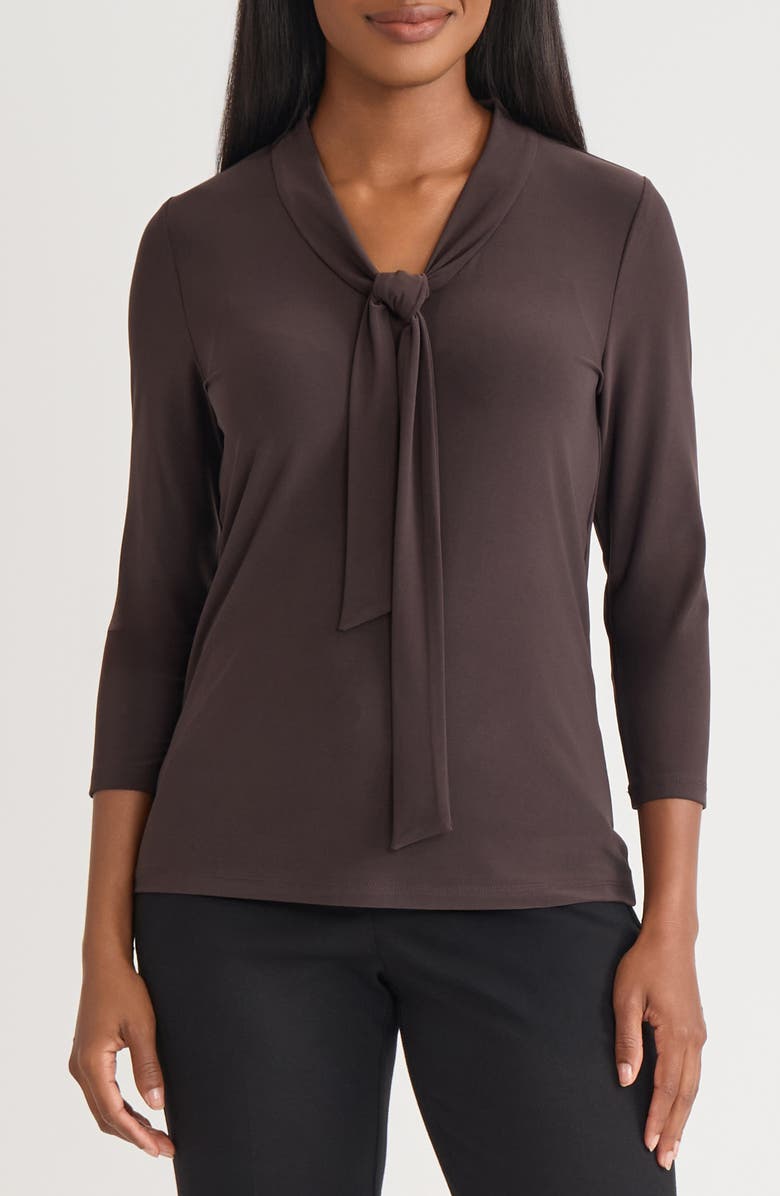 KASPER Tie Neck Top, Main, color, Rich Chocolate