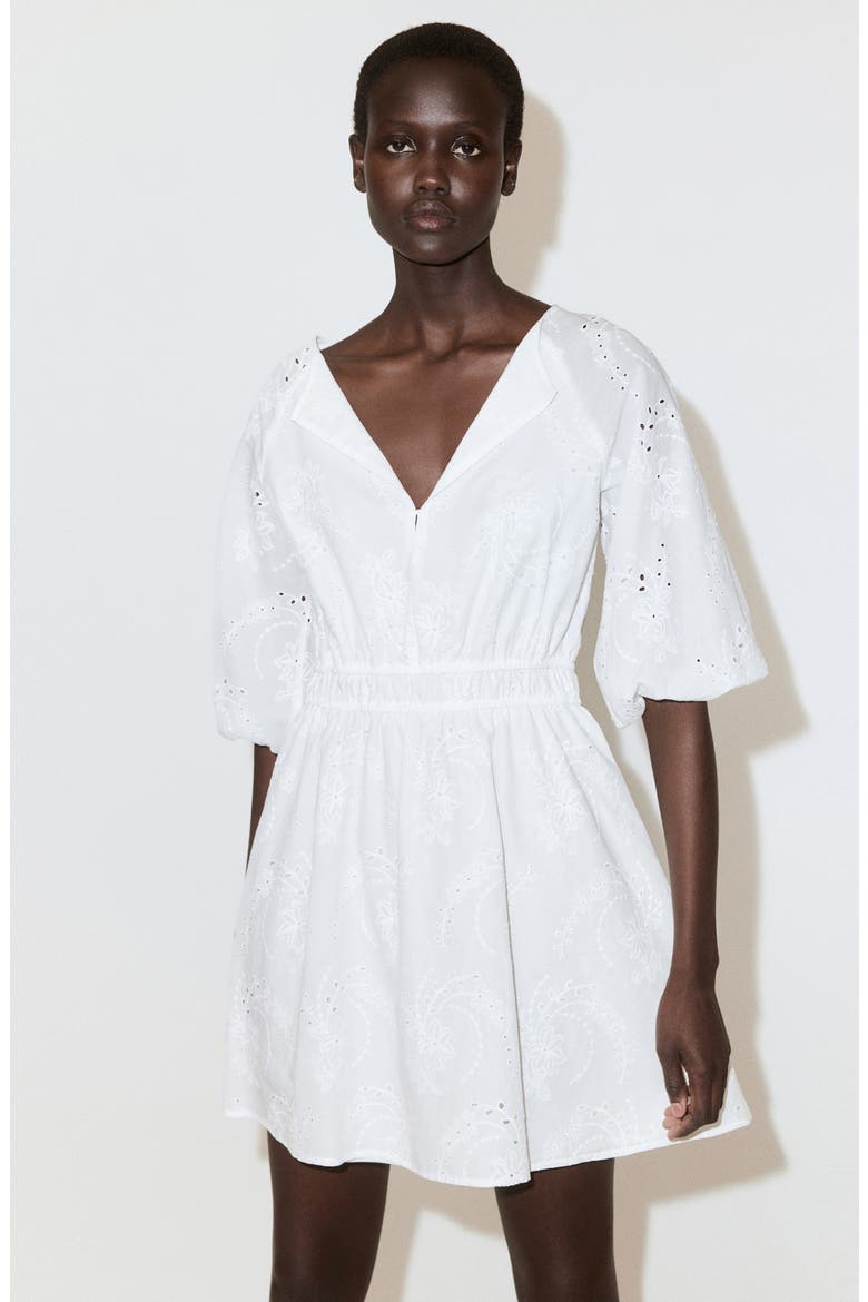 Floral Embroidered Cotton Minidress, Alternate, color, WHITE