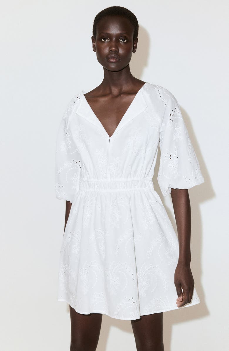 MANGO Floral Embroidered Cotton Minidress, Alternate, color, White