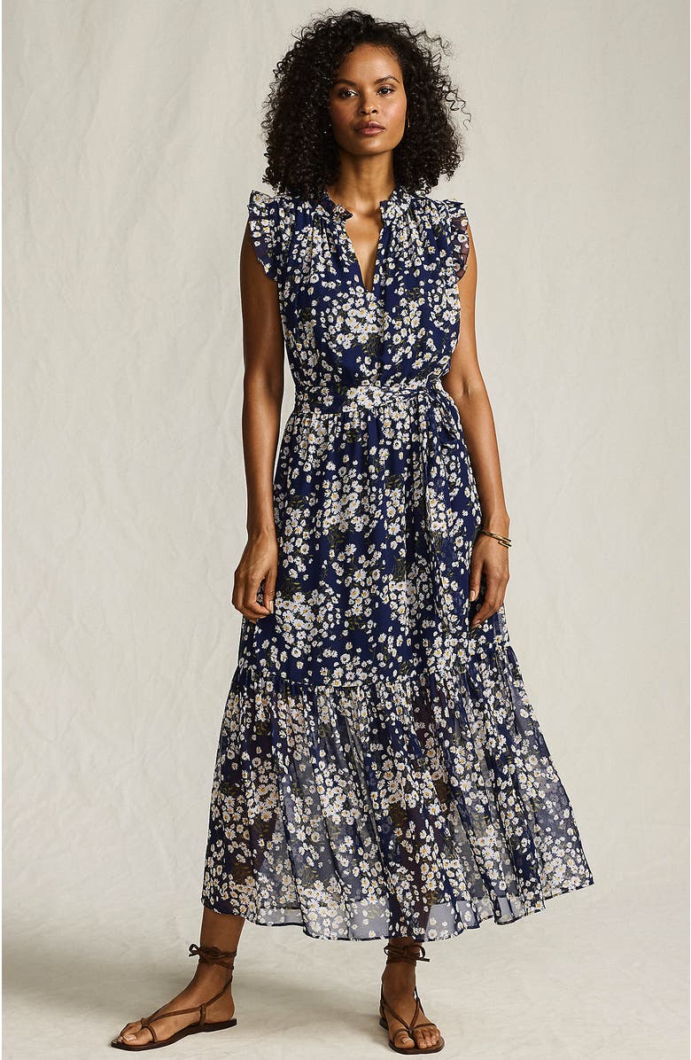 Lands' End Chiffon Maxi Dress with Ruffle Detail, Main, color, Deep Sea Navy Tossed Daisies