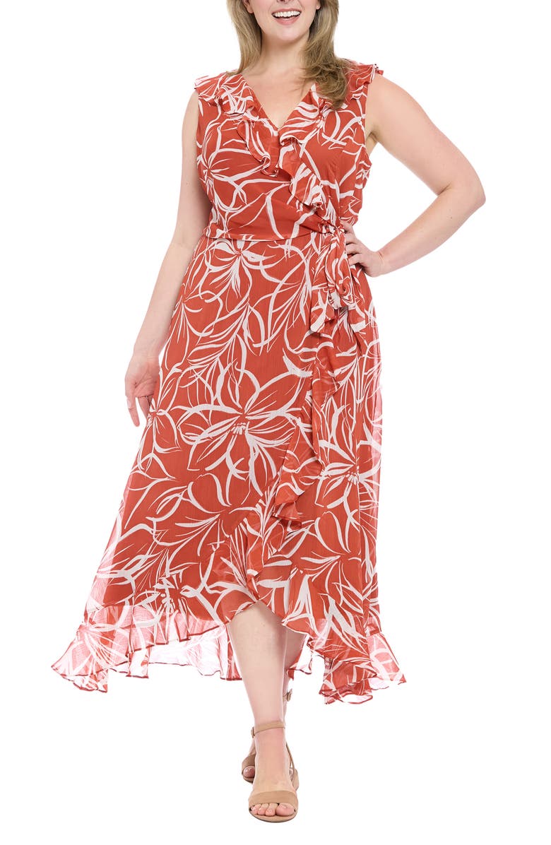 London Times Ruffle Faux Wrap Maxi Dress, Main, color, Orange/White