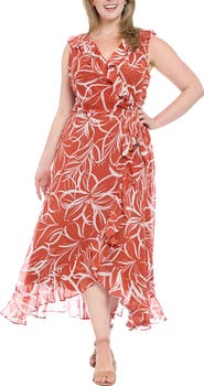 London Times Ruffle Faux Wrap Maxi Dress