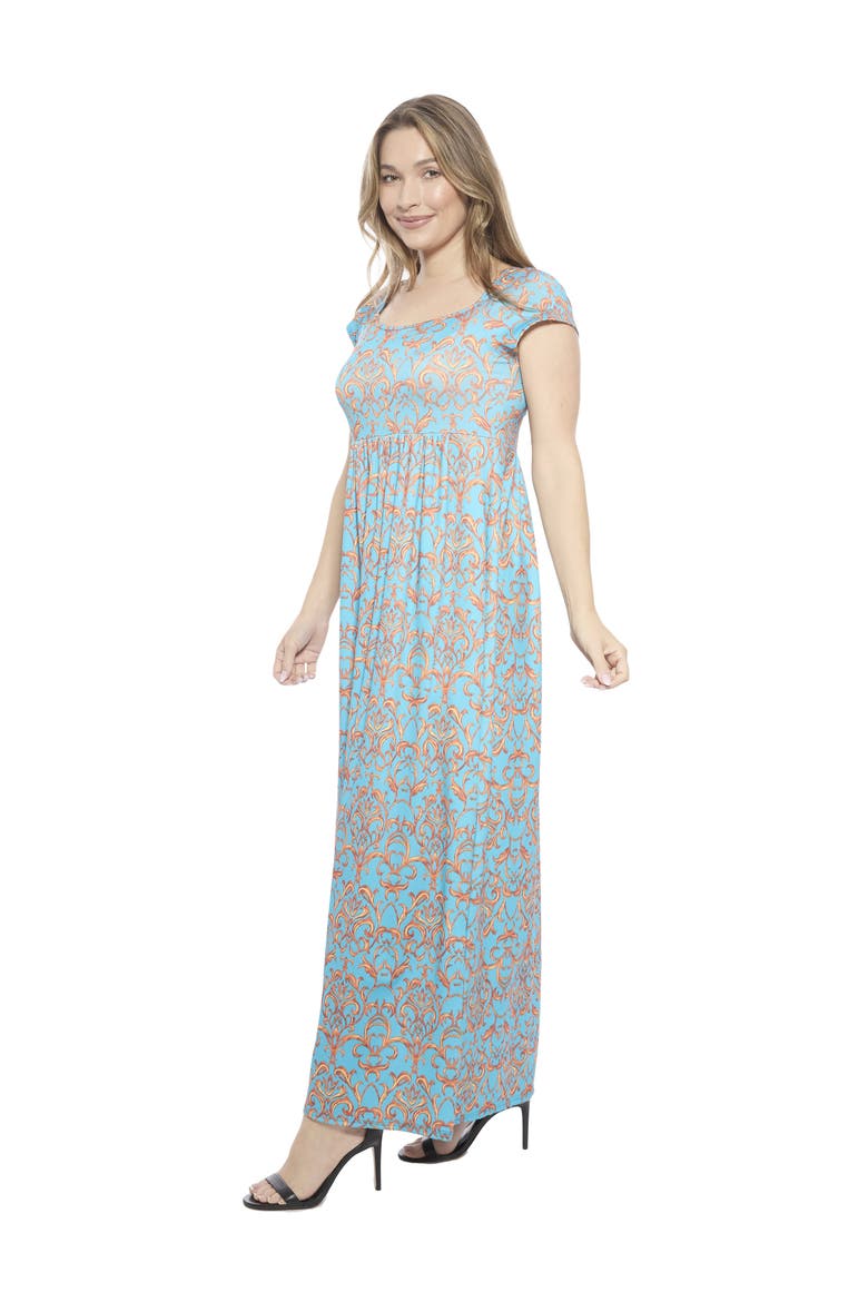 Womens Abstract Square Neck Cap Sleeve Pleated A-Line Maxi Dress, Alternate, color, Blue Multi