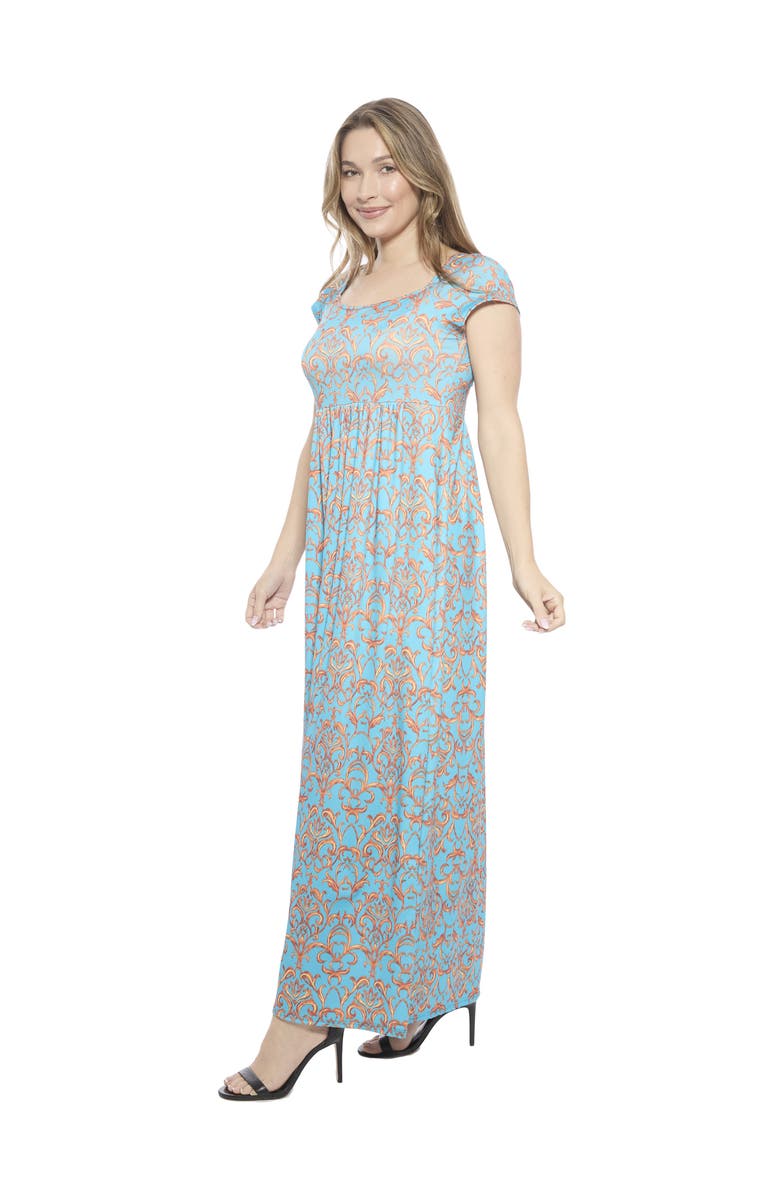 24seven Comfort Apparel Womens Abstract Square Neck Cap Sleeve Pleated A-Line Maxi Dress, Alternate, color, Blue Multi