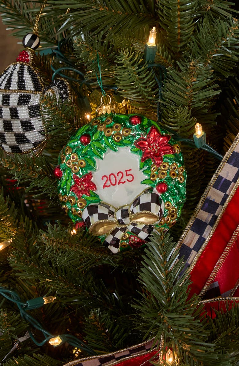 MACKENZIE CHILDS 2025 Christmas Holly Wreath Glass Ornament, Alternate, color, Green