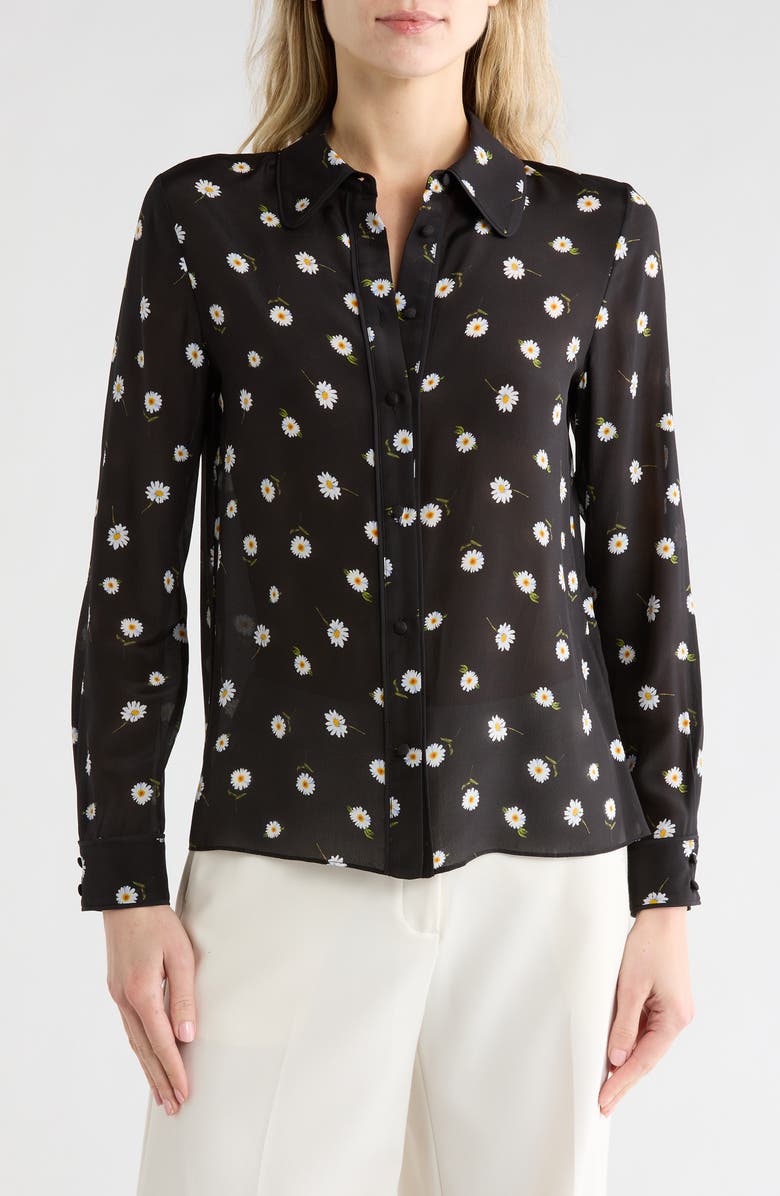 Alice + Olivia Willa Floral Long Sleeve Silk Button-Up Shirt, Main, color, Tossed Daisy Black