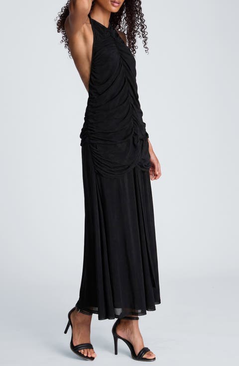 Center Ruched Halter Maxi Dress