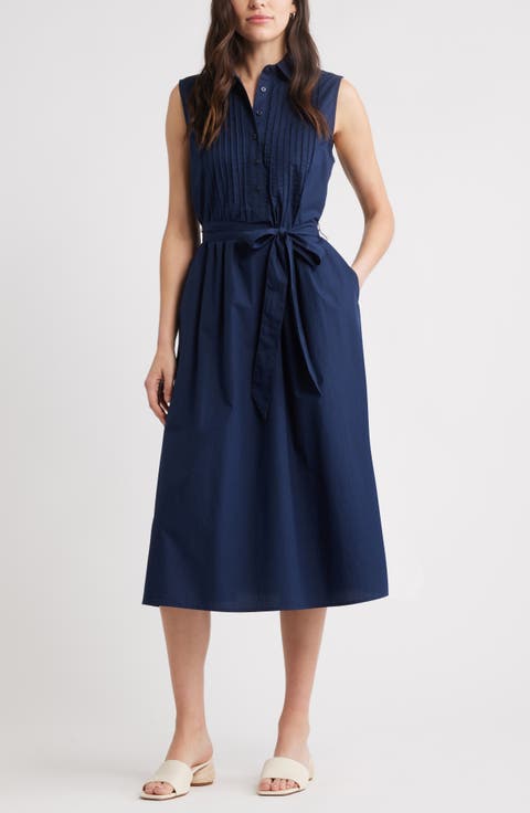 Pintuck Sleeveless Cotton Poplin Shirtdress