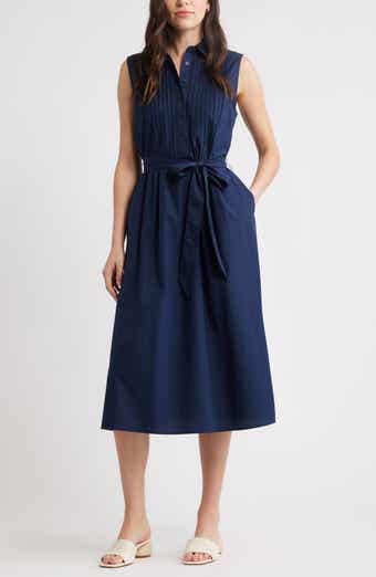 Pintuck Sleeveless Cotton Poplin Shirtdress