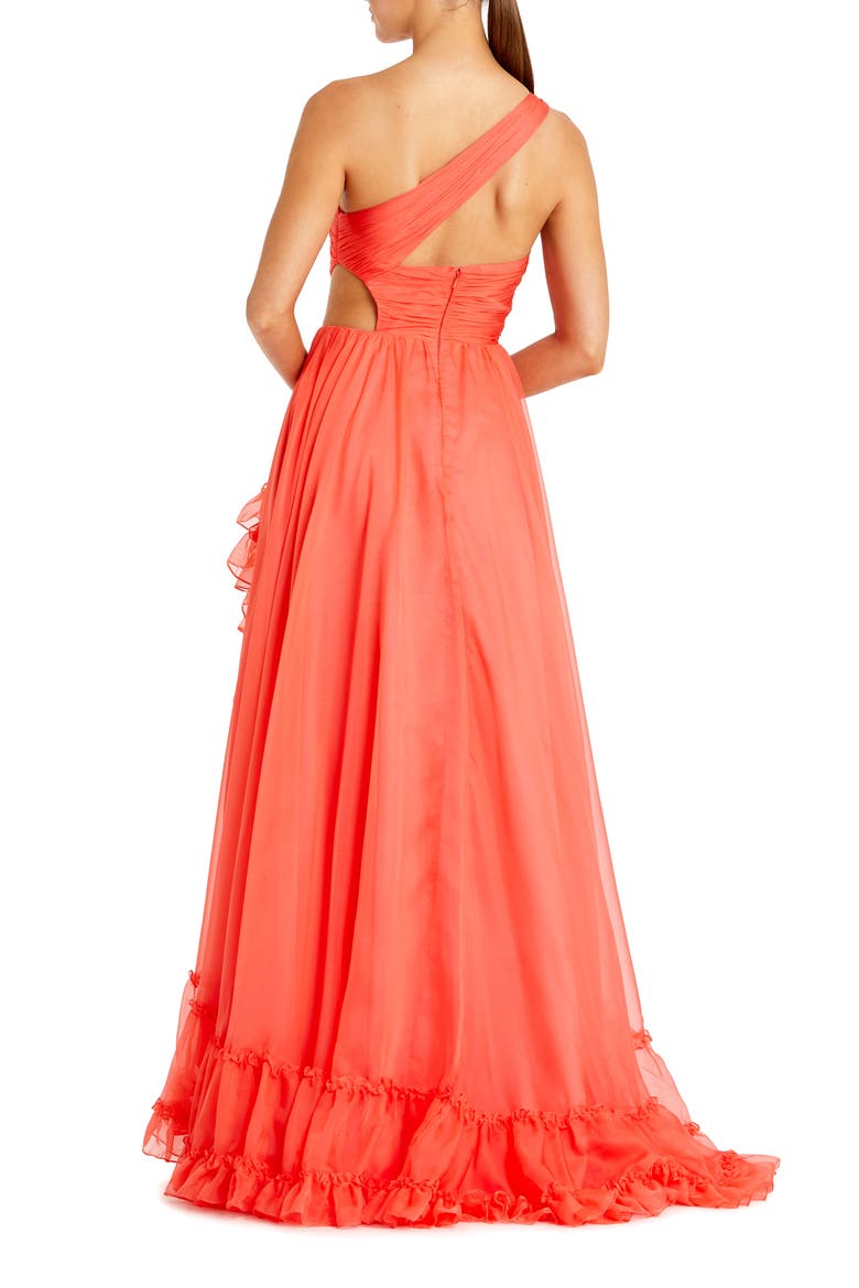 One Shoulder Asymmetrical Ruffle Chiffon Gown, Alternate, color, Tangerine