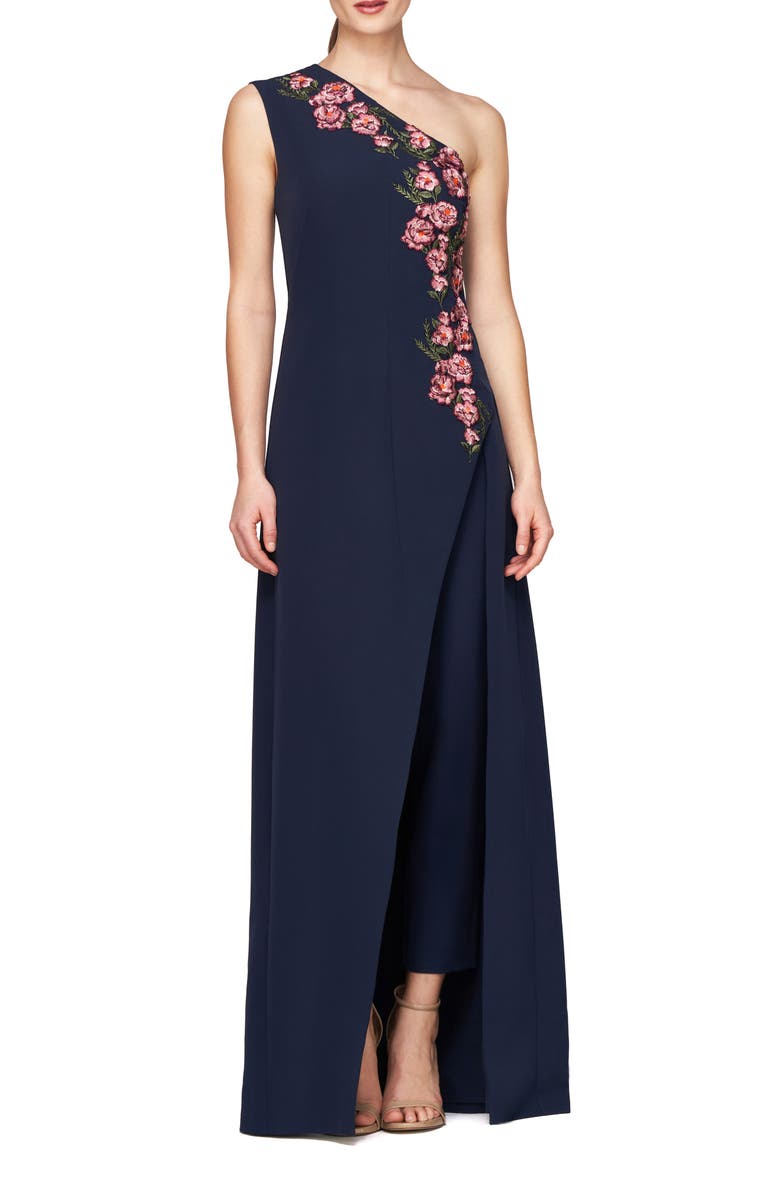 Kay Unger Nadine Floral Embroidered One-Shoulder Jumpsuit, Main, color,