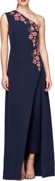 Kay Unger Nadine Floral Embroidered One-Shoulder Jumpsuit