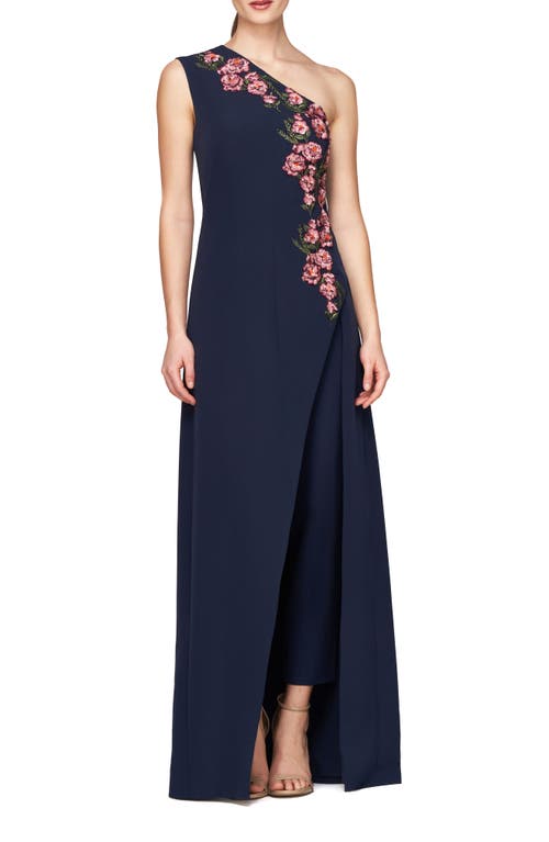 Kay Unger Nadine Floral Embroidered One-shoulder Jumpsuit In Midnight