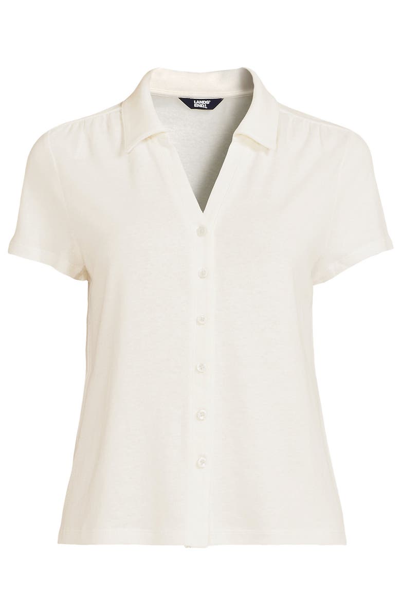 Lands' End Linen Blend Short Sleeve Button Front Polo Top, Alternate, color, Ivory