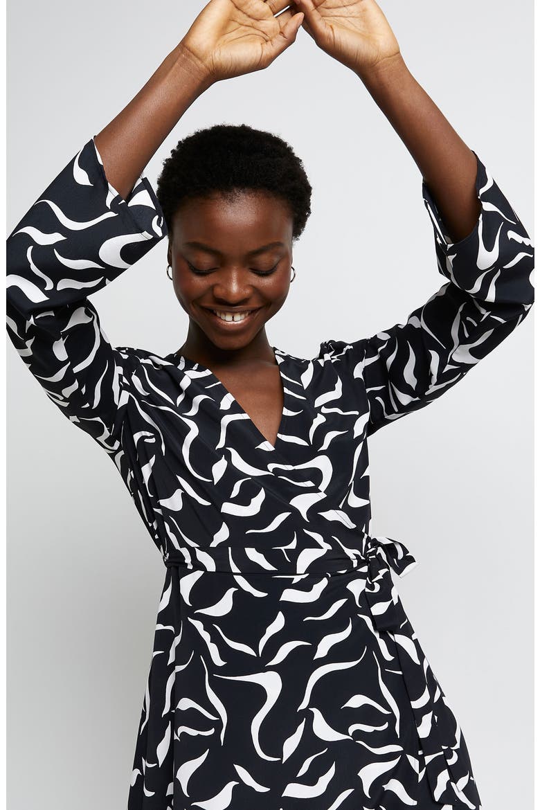 Abstract Print Long Sleeve Wrap Dress, Alternate, color, BLACK