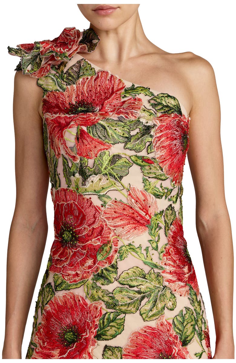 Mac Duggal Embroidered One Shoulder Dress With Fringe Hem, Alternate, color, Nude Multi