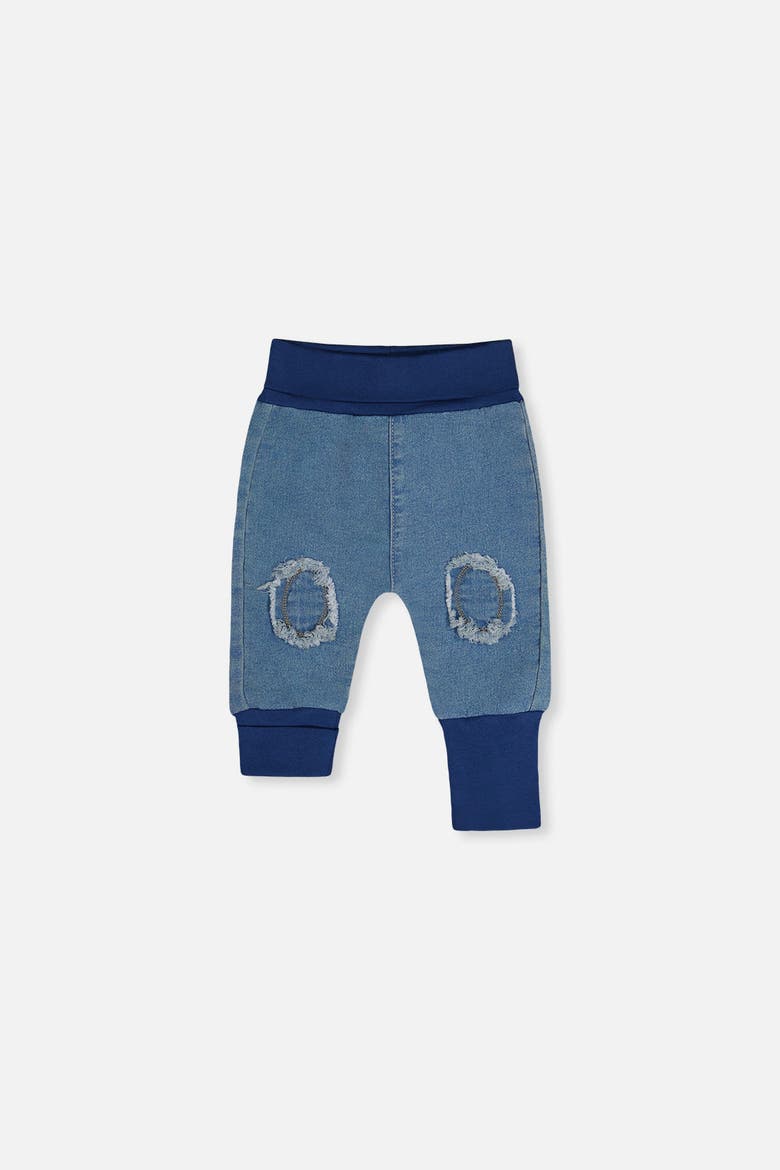 French Terry Denim Knee Patch Foldover Waist Evolutive Pants, Main, color, Light Blue Denim