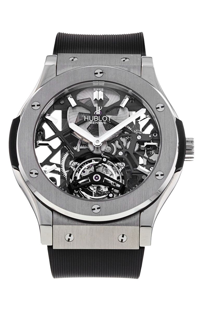 Watchfinder & Co. Hublot Preowned 2013 Classic Fusion Skeleton Rubber Strap Watch, 45mm, Main, color, 