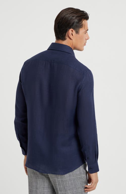 Brunello Cucinelli Men's Linen Easy Fit Shirt With Spread Collar In Navy Blue