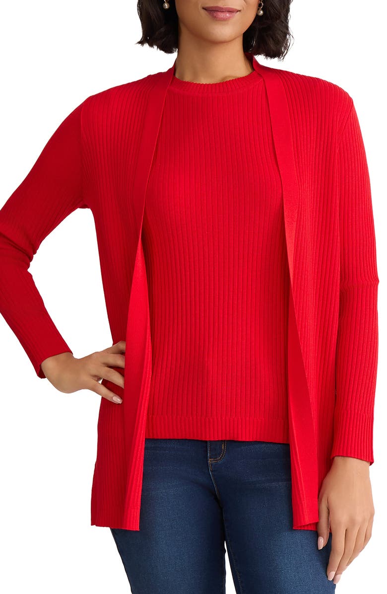 Jones New York Sutton Open Front Rib Cardigan, Main, color, Rouge