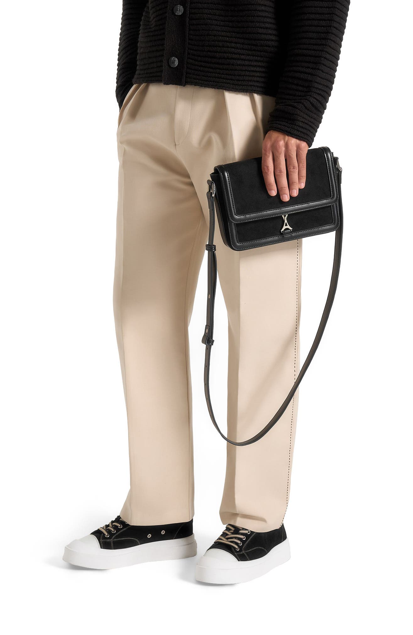 Manière De Voir Suede & Leather Crossbody Bag, Alternate, color, Black