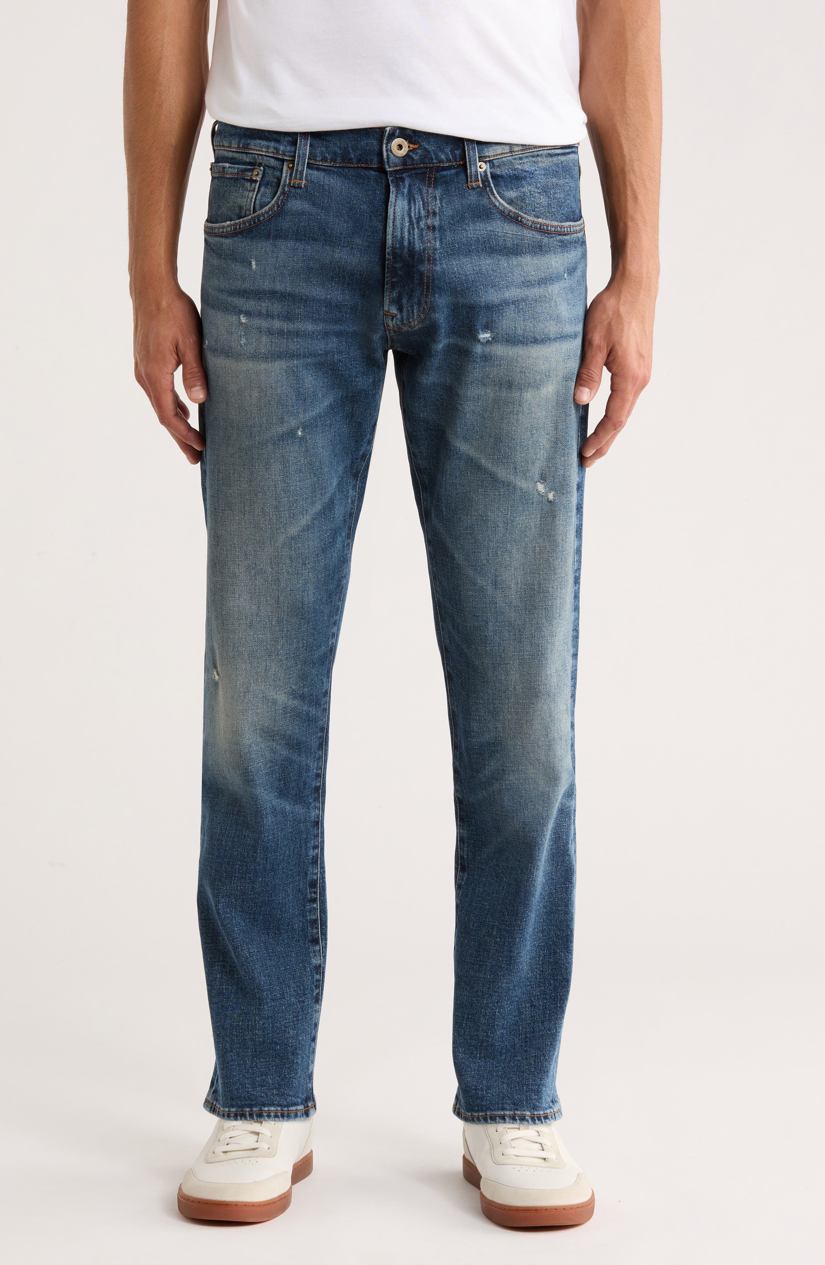 BOSS Regular Fit Distressed Tapered Stretch Cotton Jeans
