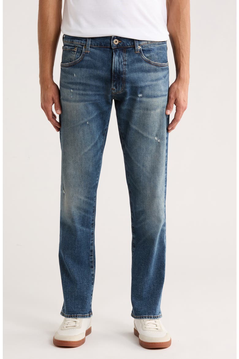 Regular Fit Distressed Tapered Stretch Cotton Jeans, Main, color, NAVY