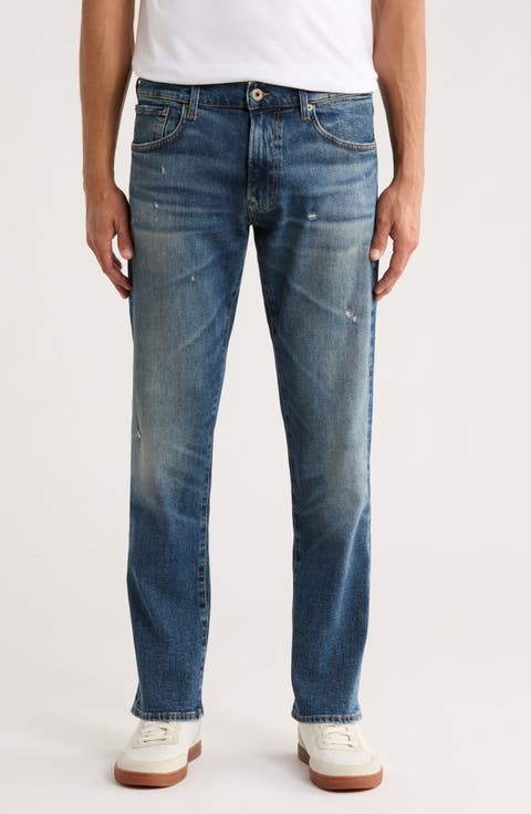 Regular Fit Distressed Tapered Stretch Cotton Jeans (Navy)