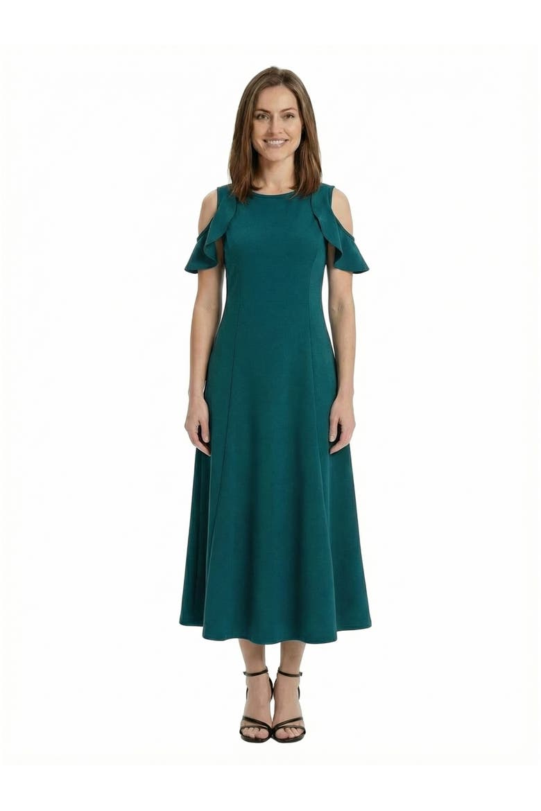 Elevate Petite Ruffle Sleeve Cold Shoulder A-Line Soft Flare Maxi Dress, Main, color, Hunter