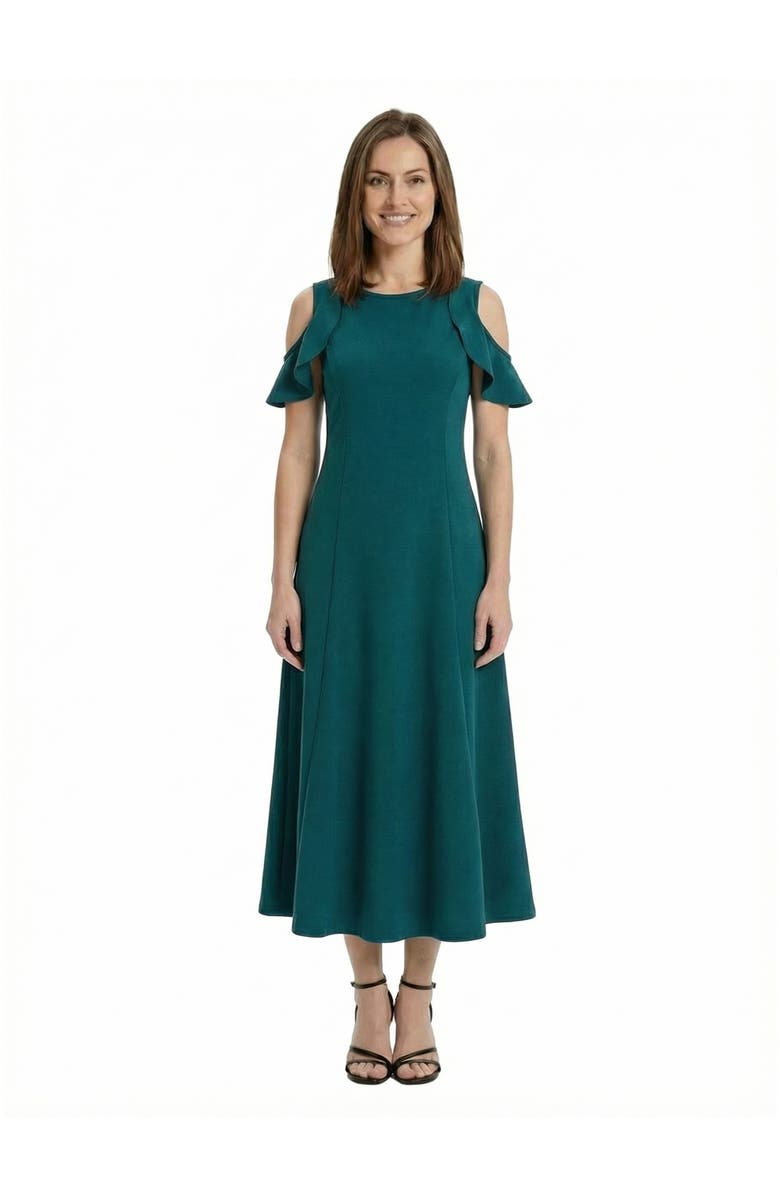 24seven Comfort Apparel Elevate Petite Ruffle Sleeve Cold Shoulder A-Line Soft Flare Maxi Dress, Main, color, Hunter