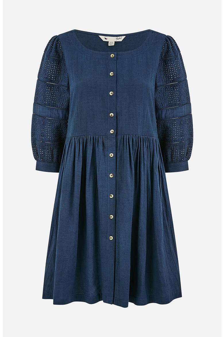 Broderie Anglaise Puff Sleeve Dress, Alternate, color, Navy