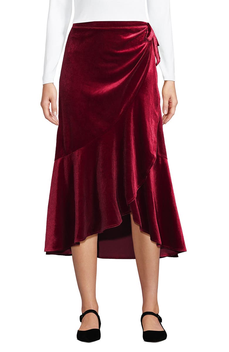 Lands' End Velvet Wrap Midi Skirt, Alternate, color, Regal Garnet