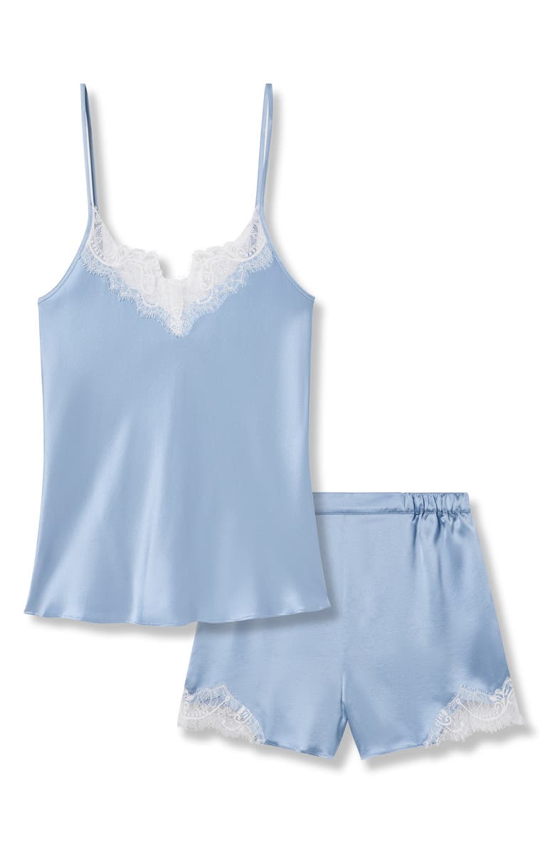Petite Plume Periwinkle Lace Mulberry Silk Short Pajamas, Alternate, color, Blue