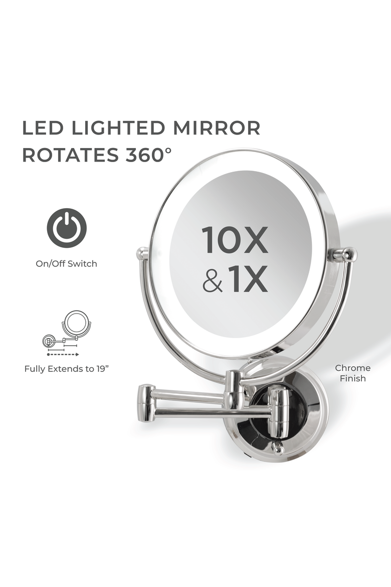 Lighted Wall Mounted Makeup Mirror with 10X/1X Magnification & Extendable Arm, Alternate, color, Chrome