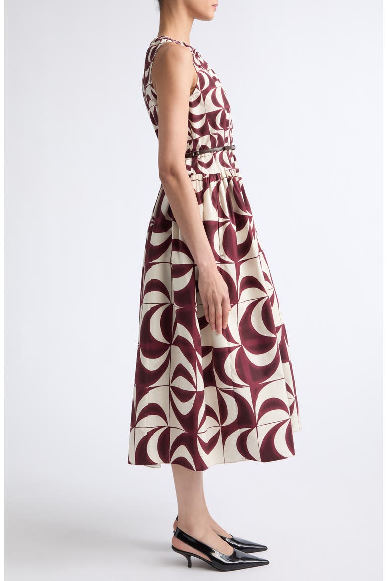 Abstract Geo Print Belted Cotton Midi Dress, Alternate, color, BORDEAUX