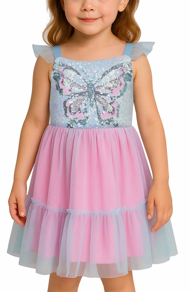 Zunie Kids' Ruffle Sequin Butterfly Party Dress, Alternate, color, Aqua Multi