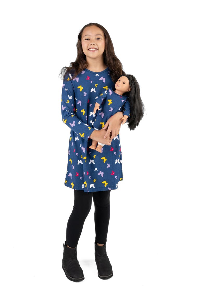 Girls Cotton Dress with Matching Doll Dress, Printed Design, Alternate, color, Butterfly