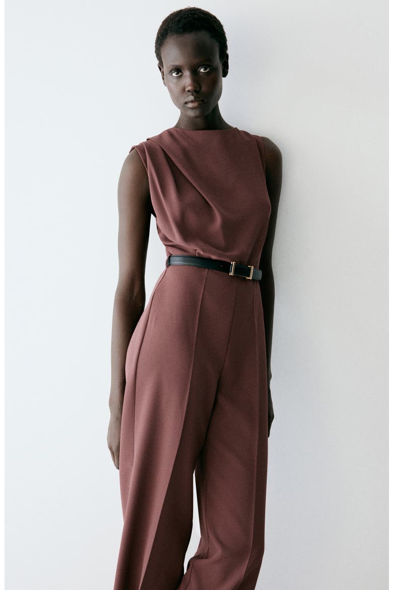 Sleeveless Belted Jumpsuit, Alternate, color, BROWN