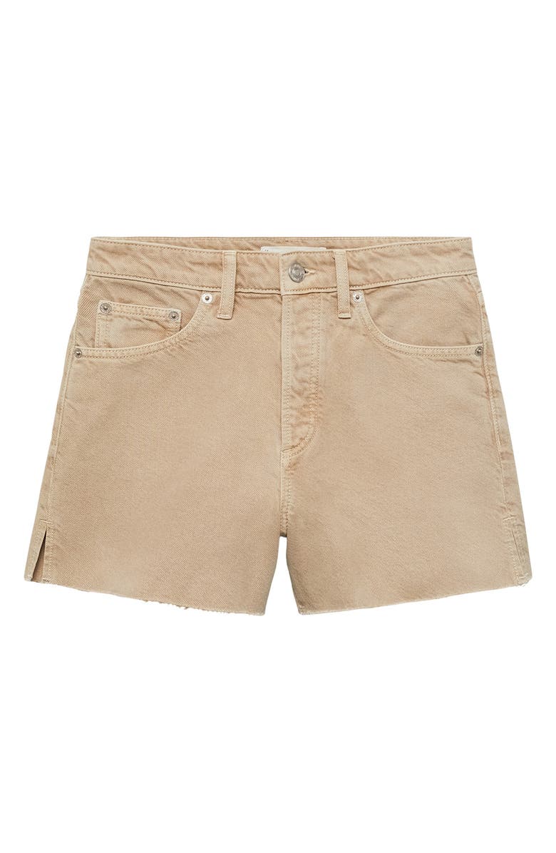 MANGO Button Fly Fray Hem Denim Shorts, Main, color, Sand