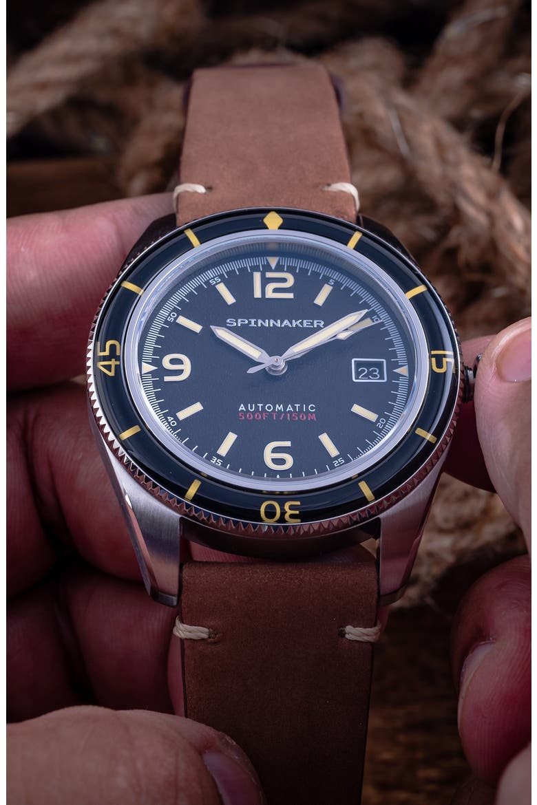 Fleuss Automatic Leather Strap Watch, 43mm, Alternate, color, BLACK