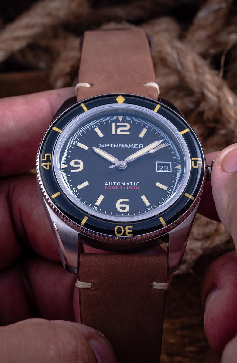 SPINNAKER Fleuss Automatic Leather Strap Watch, 43mm, Alternate, color, Black