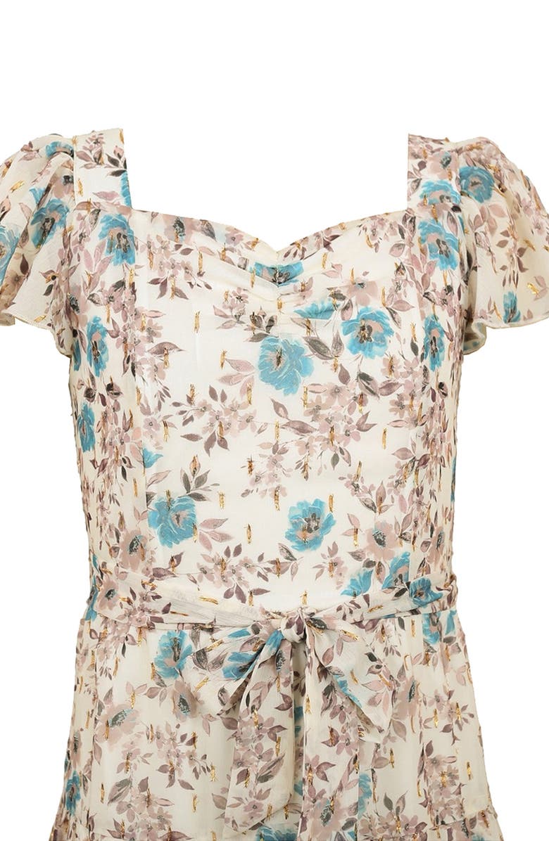 Zunie Kids' Metallic Flutter Sleeve Chiffon Party Dress, Alternate, color, Ivory/ Teal