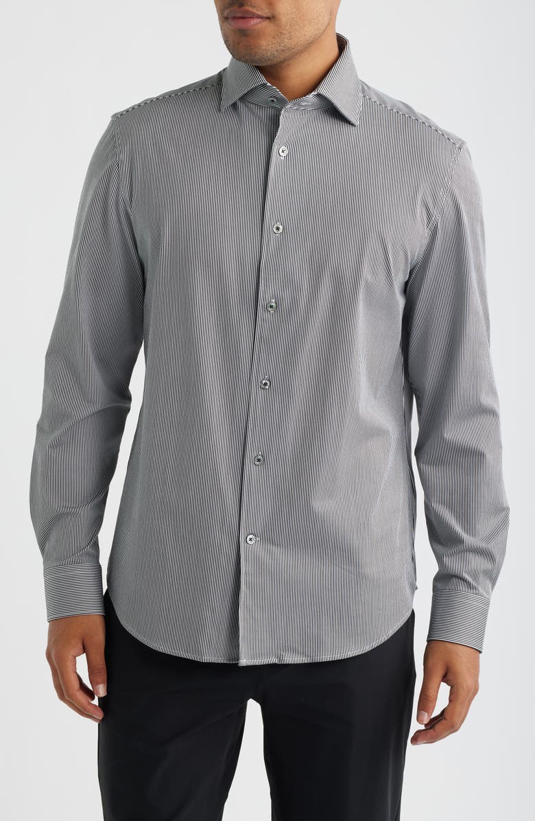 Bugatchi Devon OoohCotton<sup>®</sup> Stripe Long Sleeve Button-Up Shirt, Main, color, Black