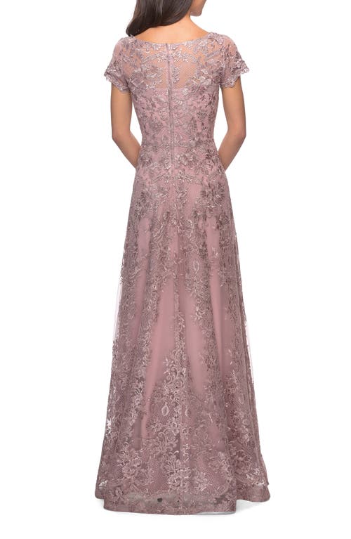 La Femme Long Lace Dress With Sheer Neckline And Cap Sleeves In Mauve