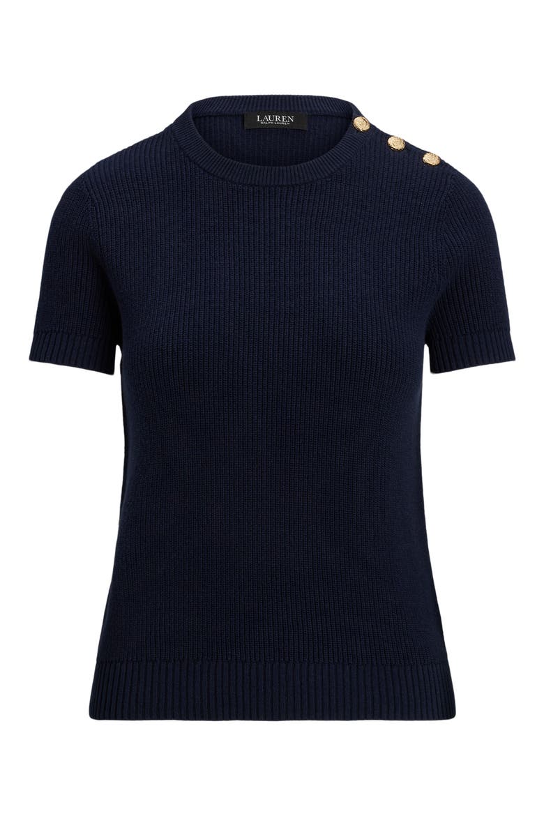 Rib Button Shoulder Short Sleeve Sweater, Alternate, color, LAUREN NAVY