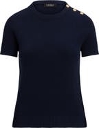 Lauren Ralph Lauren Rib Button Shoulder Short Sleeve Sweater