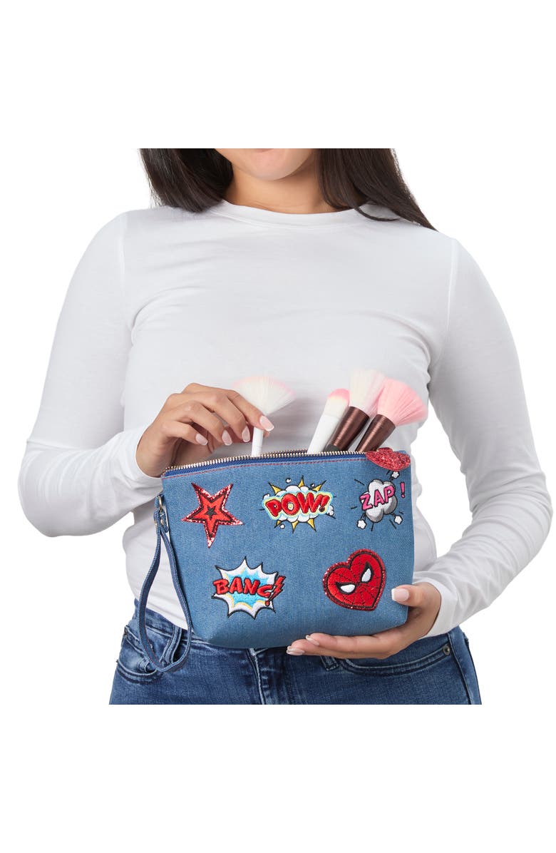 Marvel SpiderMan Denim Patch Cosmetic Pouch with Comic Pop Embellishments, Alternate, color, Denim