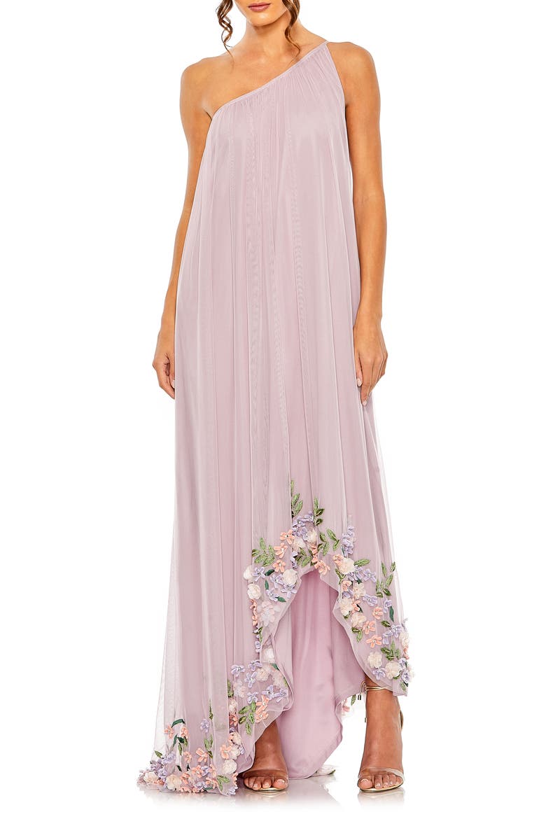 One Shoulder Trapeze Embellished High Low Gown, Main, color, ORCHID MULTI
